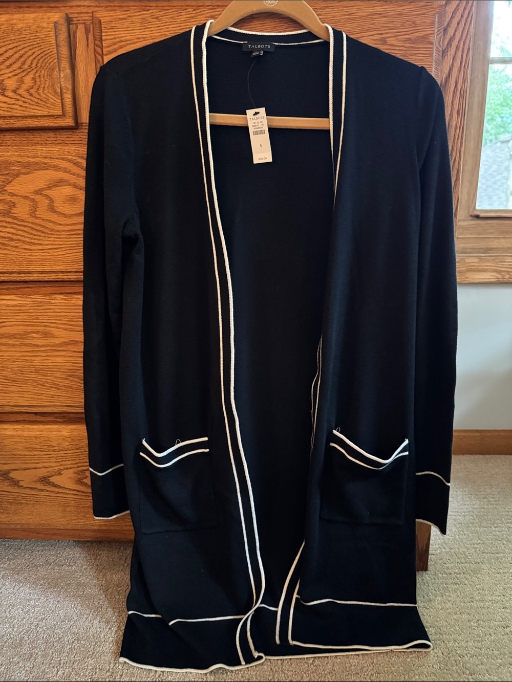 Talbots Black Open-Front Cardigan with White Trim